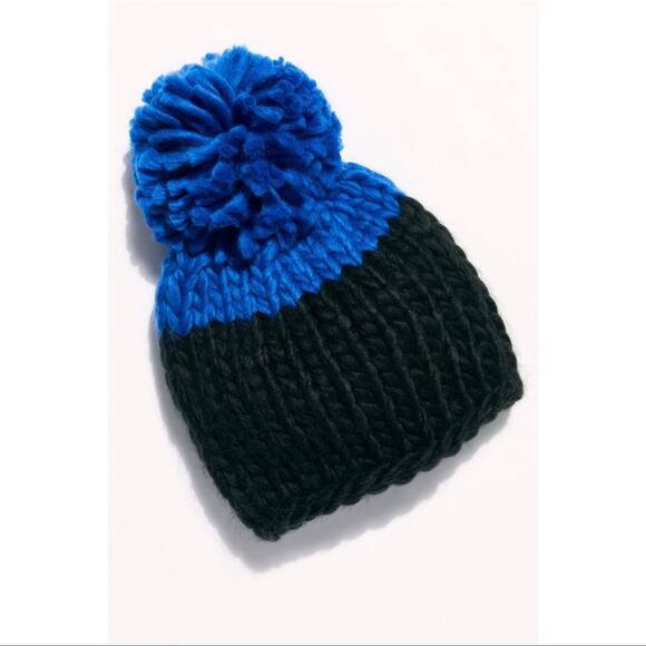 LFree People Hat Cozy Up Color Block Pom Beanie Black Blue